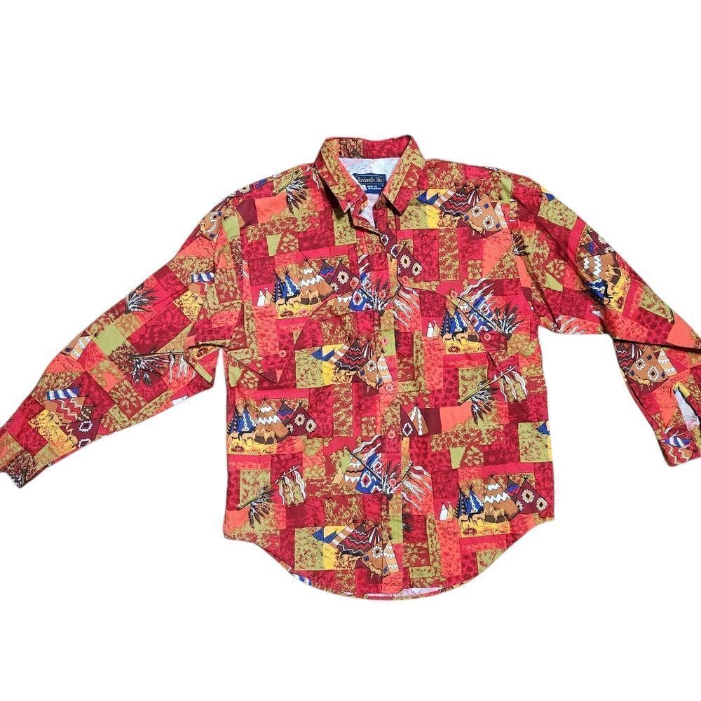 Vintage Panhandle Slim Western Shirt Mens Small Womens Large Red Indian Design